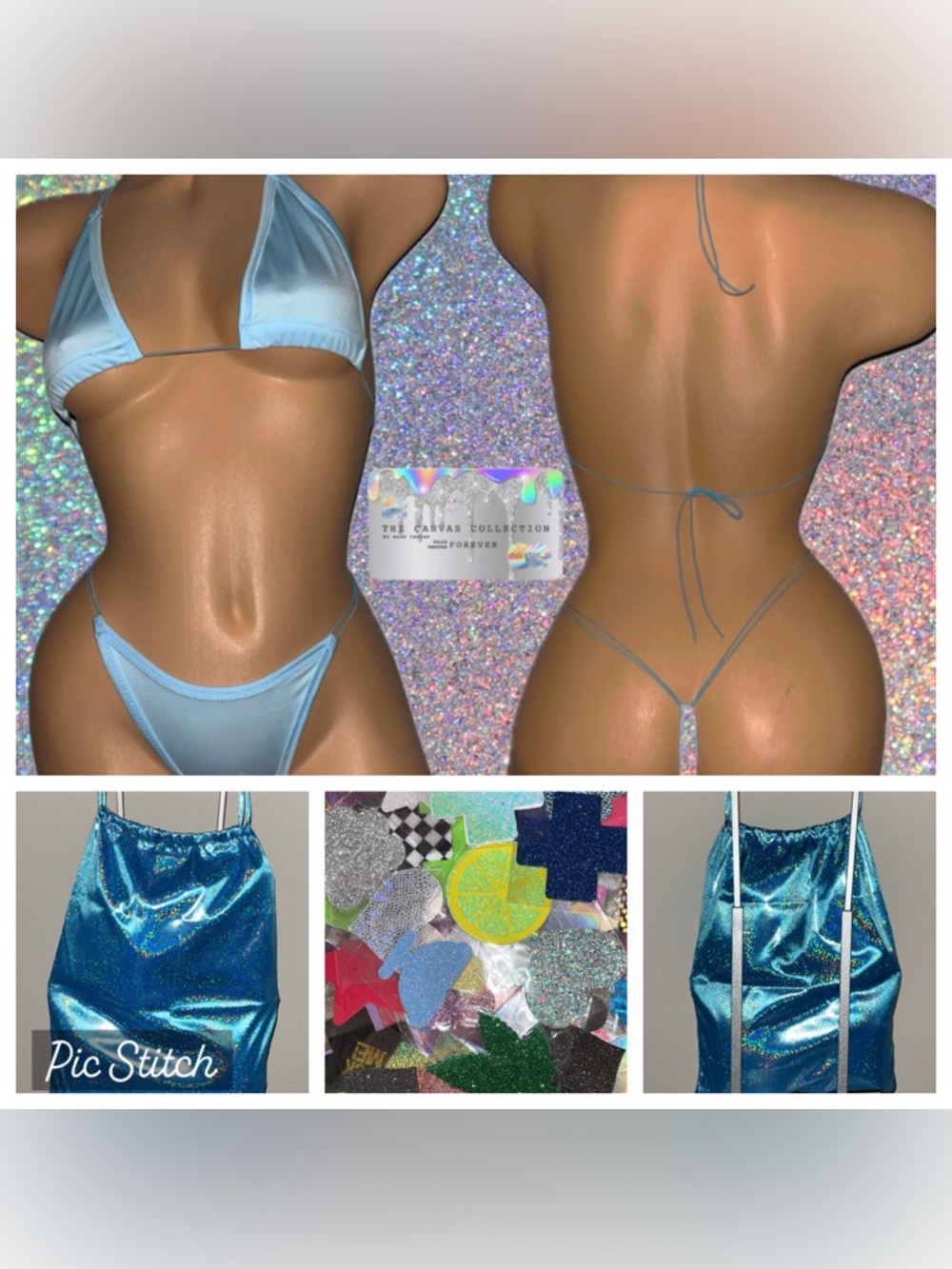 EXOTIC DANCEWEAR:Blue 2 piece Bikini Set + glitter money bag + 1 Pair of Pasties